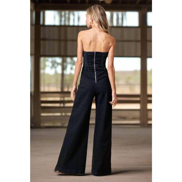 OFF SHOULDER WIDE LEG DENIM JUMPSUIT - Picture 2 of 3